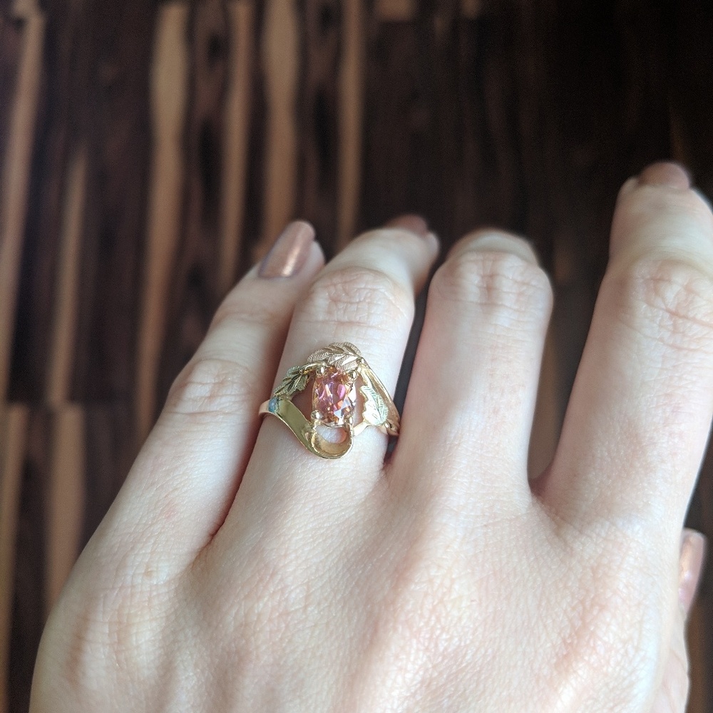 Tri-colored Black Hills Gold 10k.  Sz 7 Pink Topaz